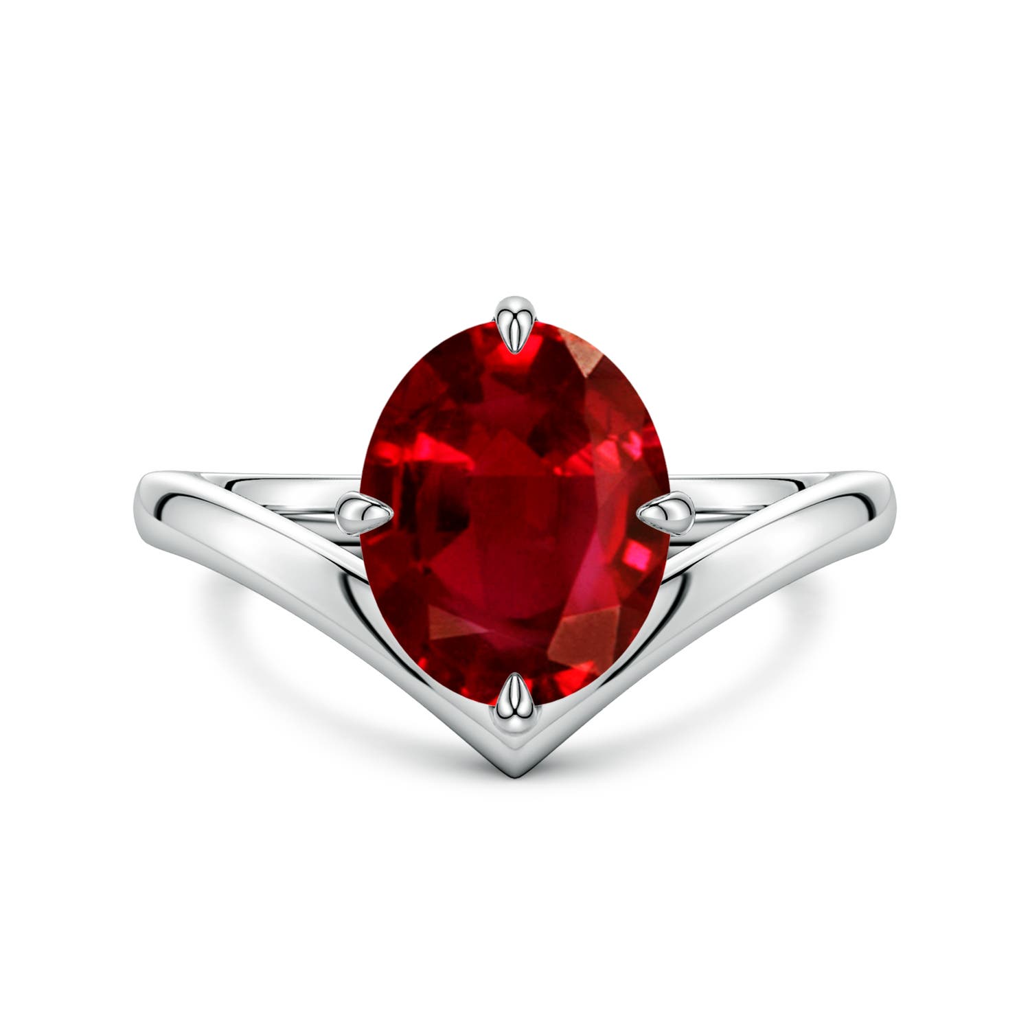 10x8mm Labgrown Solitaire Oval Lab-Grown Ruby V-Shaped Engagement Ring in White Gold
