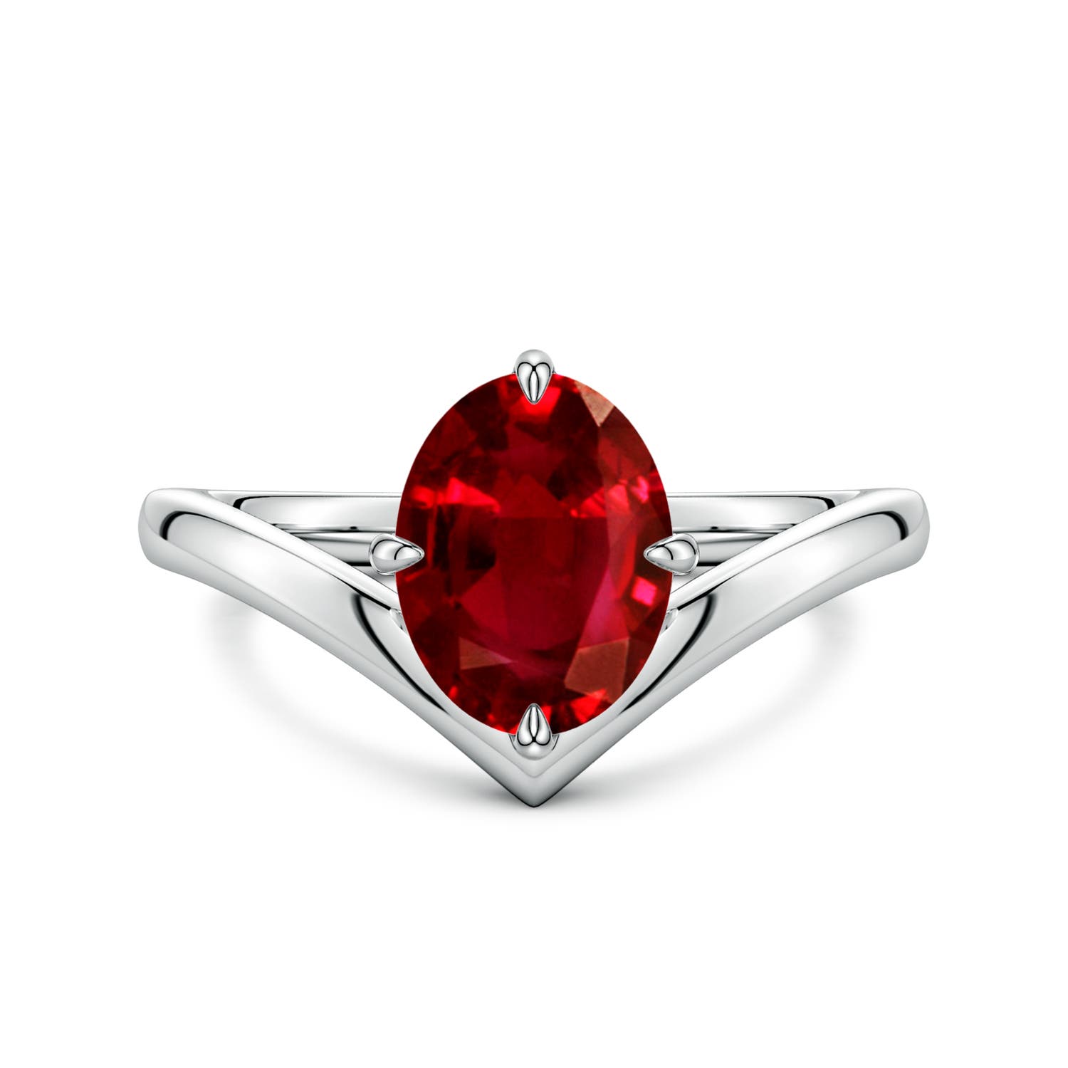 9x7mm Labgrown Solitaire Oval Lab-Grown Ruby V-Shaped Engagement Ring in White Gold