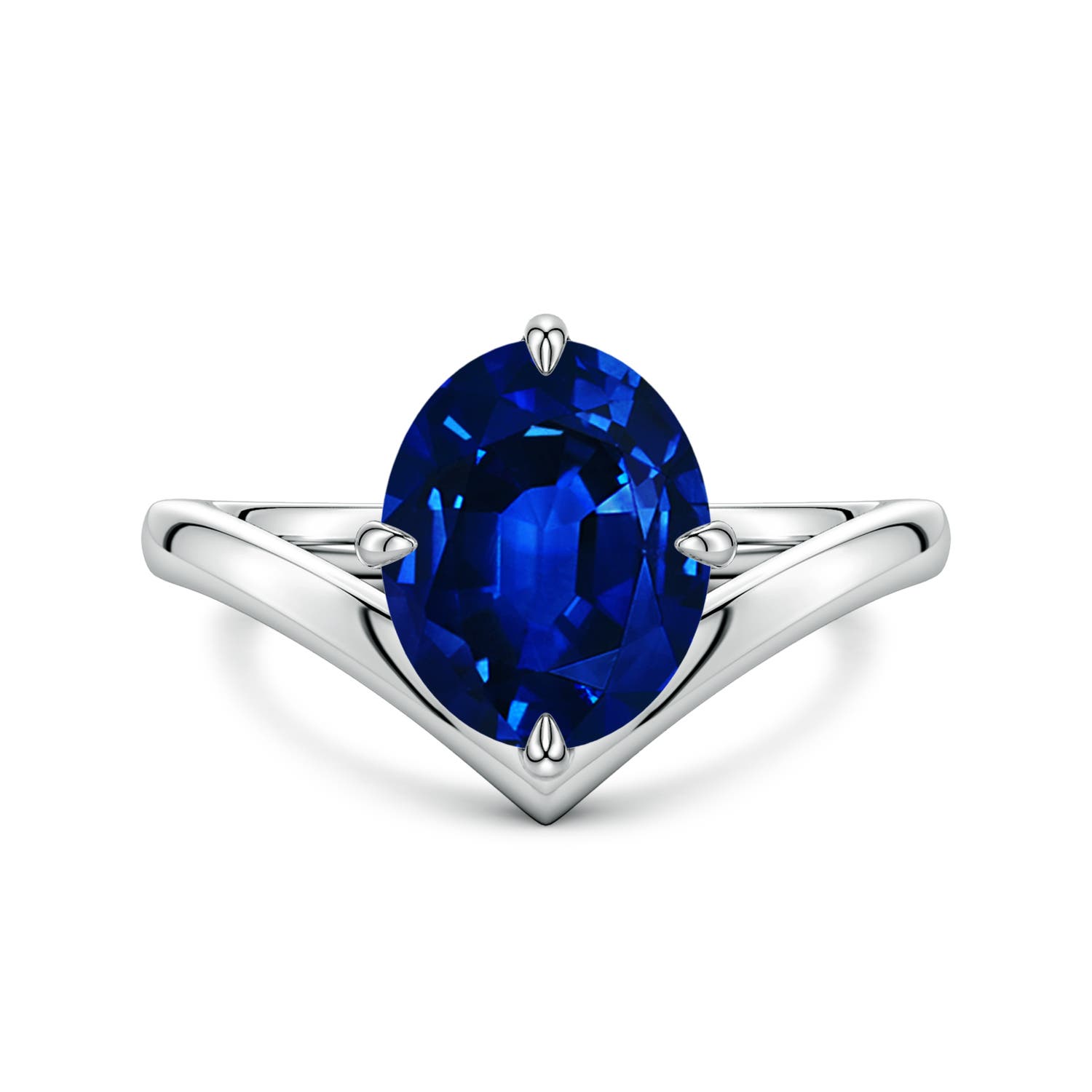 10x8mm Labgrown Solitaire Oval Lab-Grown Blue Sapphire V-Shaped Engagement Ring in 18K White Gold