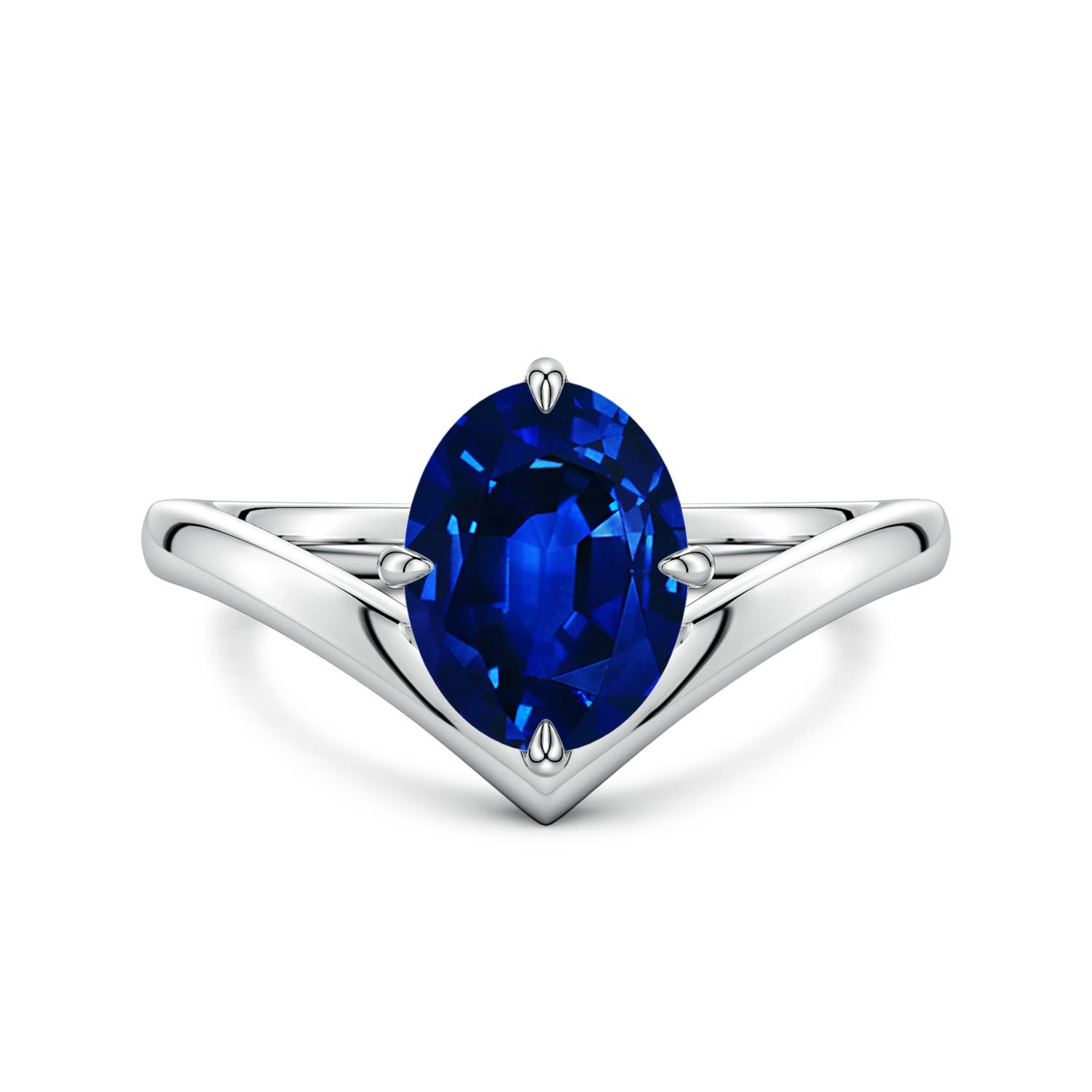 9x7mm Labgrown Solitaire Oval Lab-Grown Blue Sapphire V-Shaped Engagement Ring in White Gold