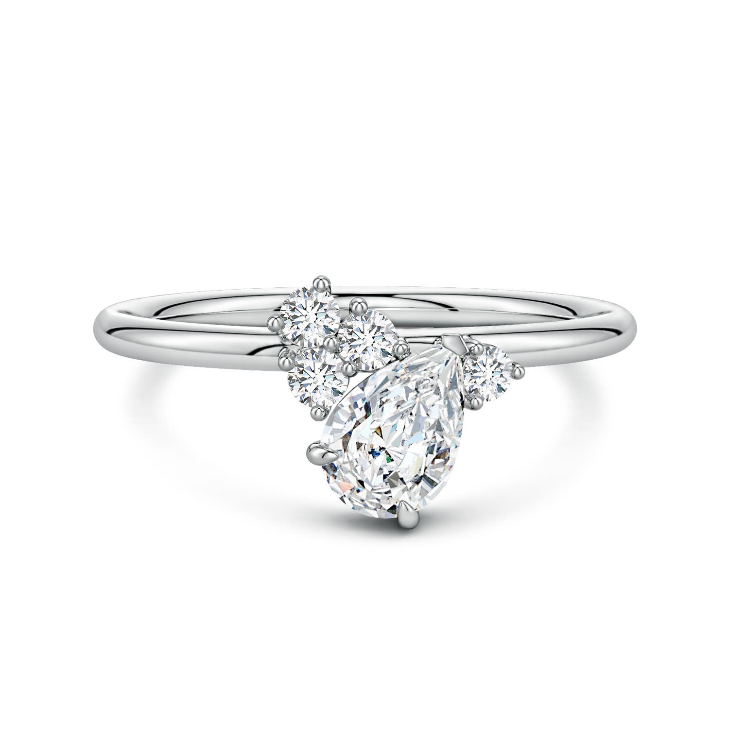 7x5mm FGVS Off-Centered Pear Lab-Grown Diamond Engagement Ring with Scattered Accents in White Gold