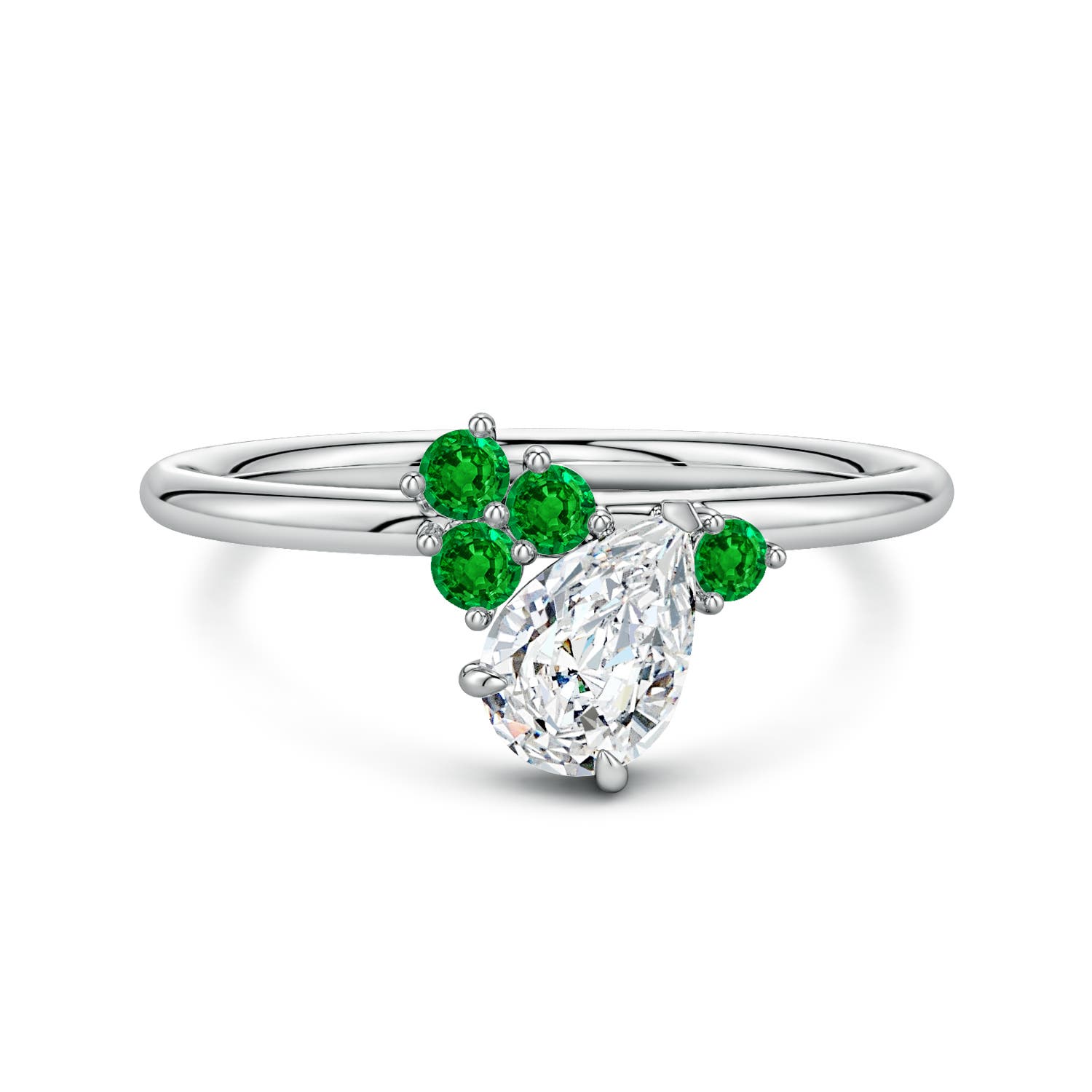 7x5mm FGVS Lab-Grown Off-Centered Pear Diamond Engagement Ring with Scattered Emeralds in 18CT White Gold