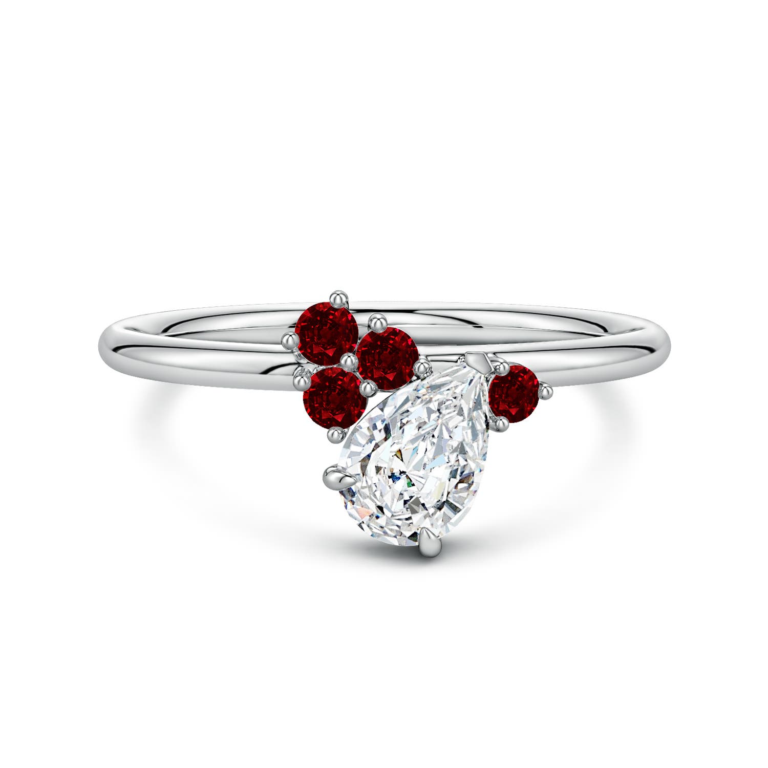 7x5mm FGVS Lab-Grown Off-Centered Pear Diamond Engagement Ring with Scattered Rubies in 18CT White Gold