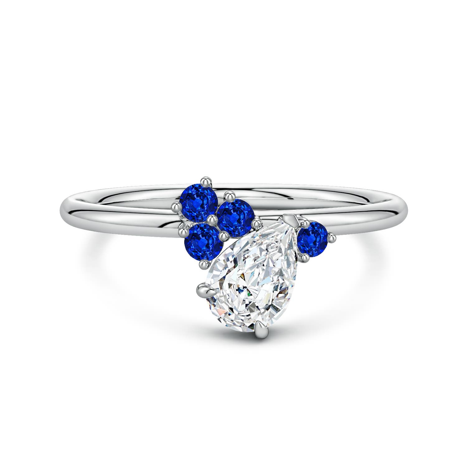 7x5mm FGVS Lab-Grown Off-Centered Pear Diamond Engagement Ring with Scattered Blue Sapphires in 18CT White Gold