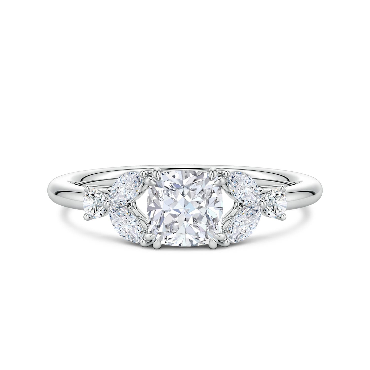 5.5mm FGVS Double-Claw Prong Cushion Lab-Grown Diamond Side Stone Engagement Ring in 18K White Gold