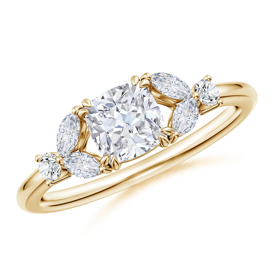 5.5mm FGVS Double-Claw Prong Cushion Lab-Grown Diamond Side Stone Engagement Ring in 18K Yellow Gold 