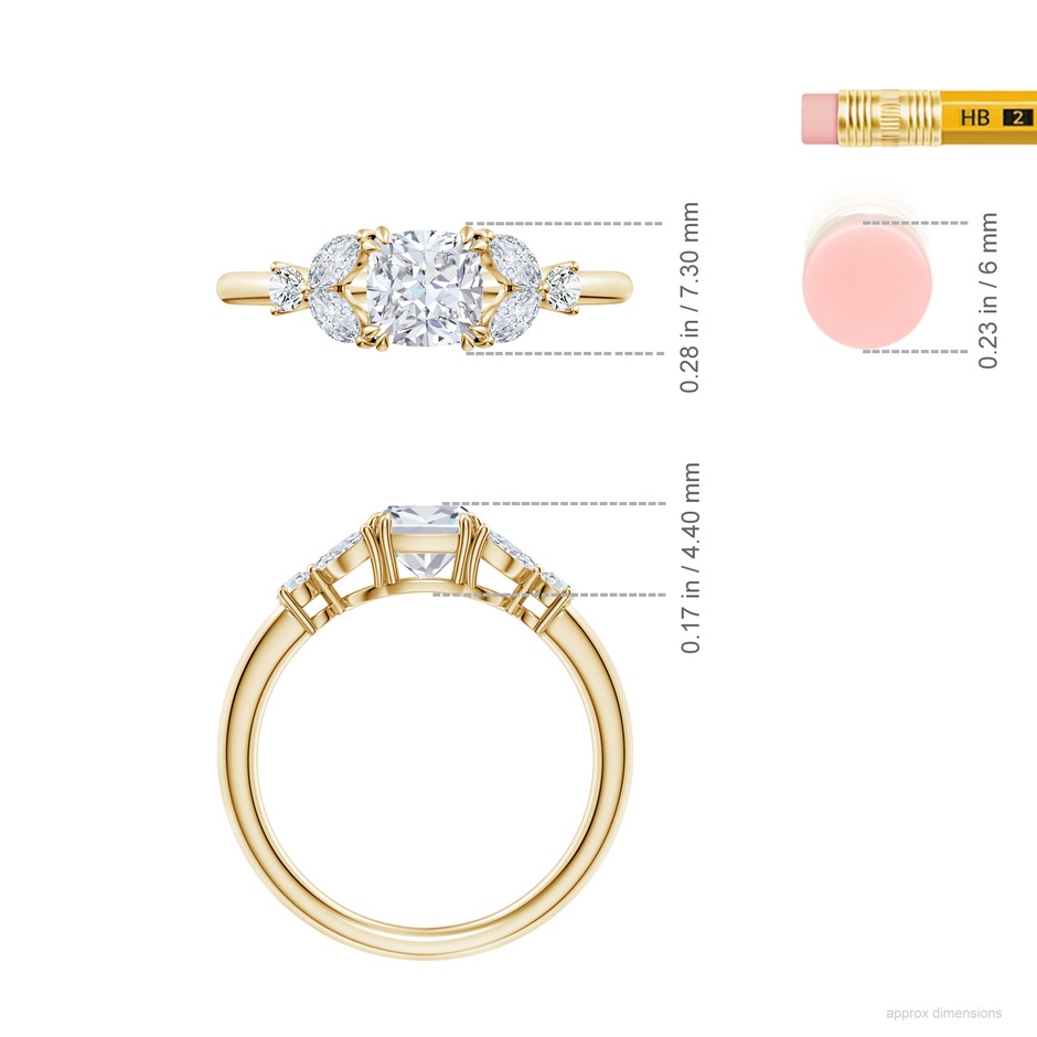 5.5mm FGVS Double-Claw Prong Cushion Lab-Grown Diamond Side Stone Engagement Ring in 18K Yellow Gold ruler