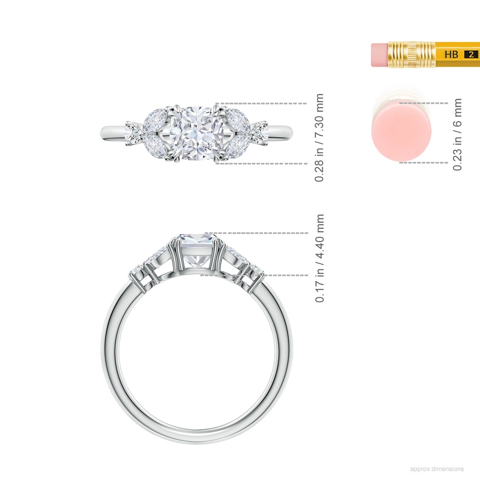 5.5mm FGVS Double-Claw Prong Cushion Lab-Grown Diamond Side Stone Engagement Ring in White Gold ruler