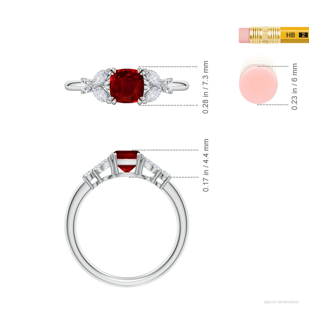 Side Part Ruby Double-Claw Prong Cushion Lab-Grown Ruby Side Stone Engagement Ring