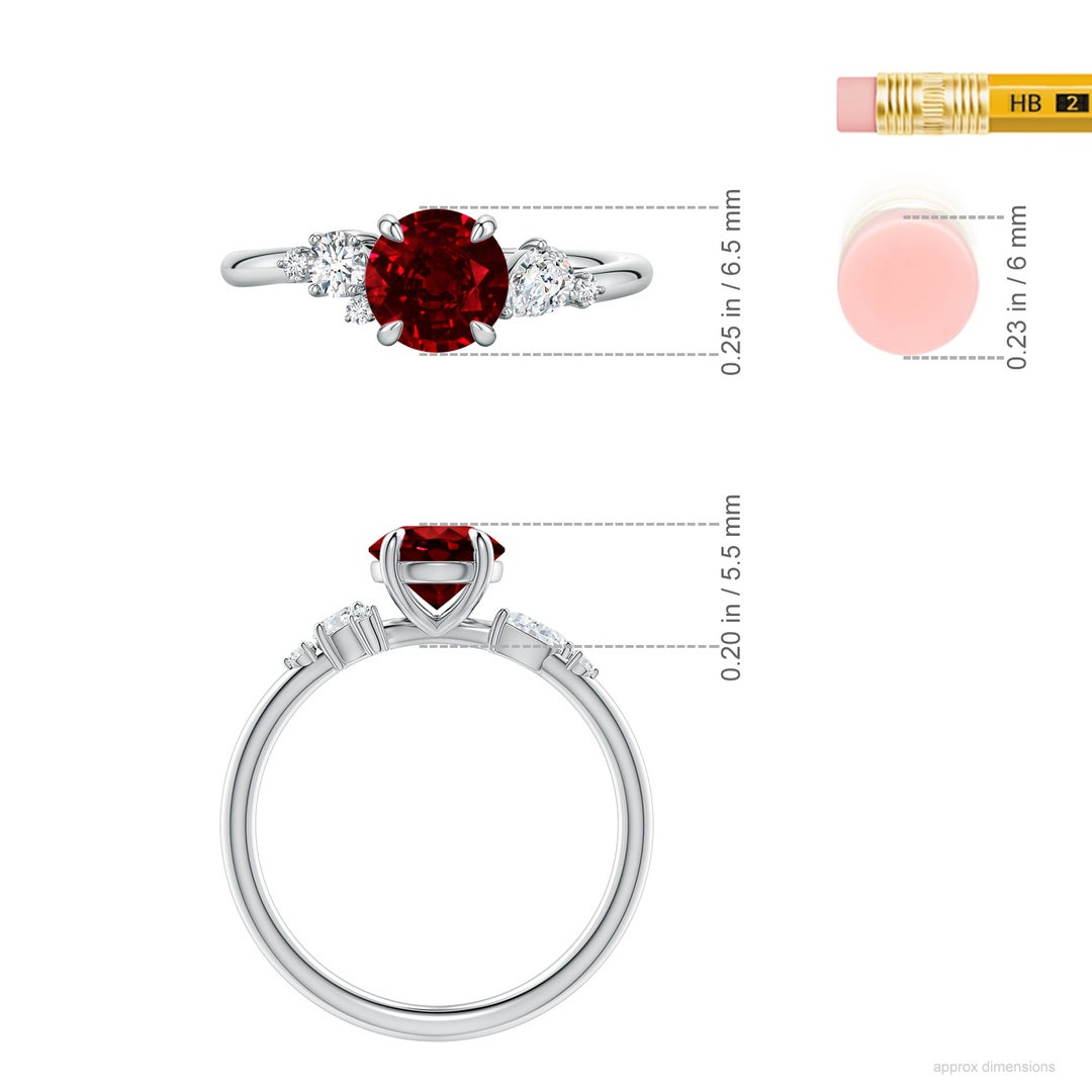 6.5mm Labgrown Lab-Grown Round Ruby Engagement Ring with Multi-Shape Diamonds in White Gold - ruler