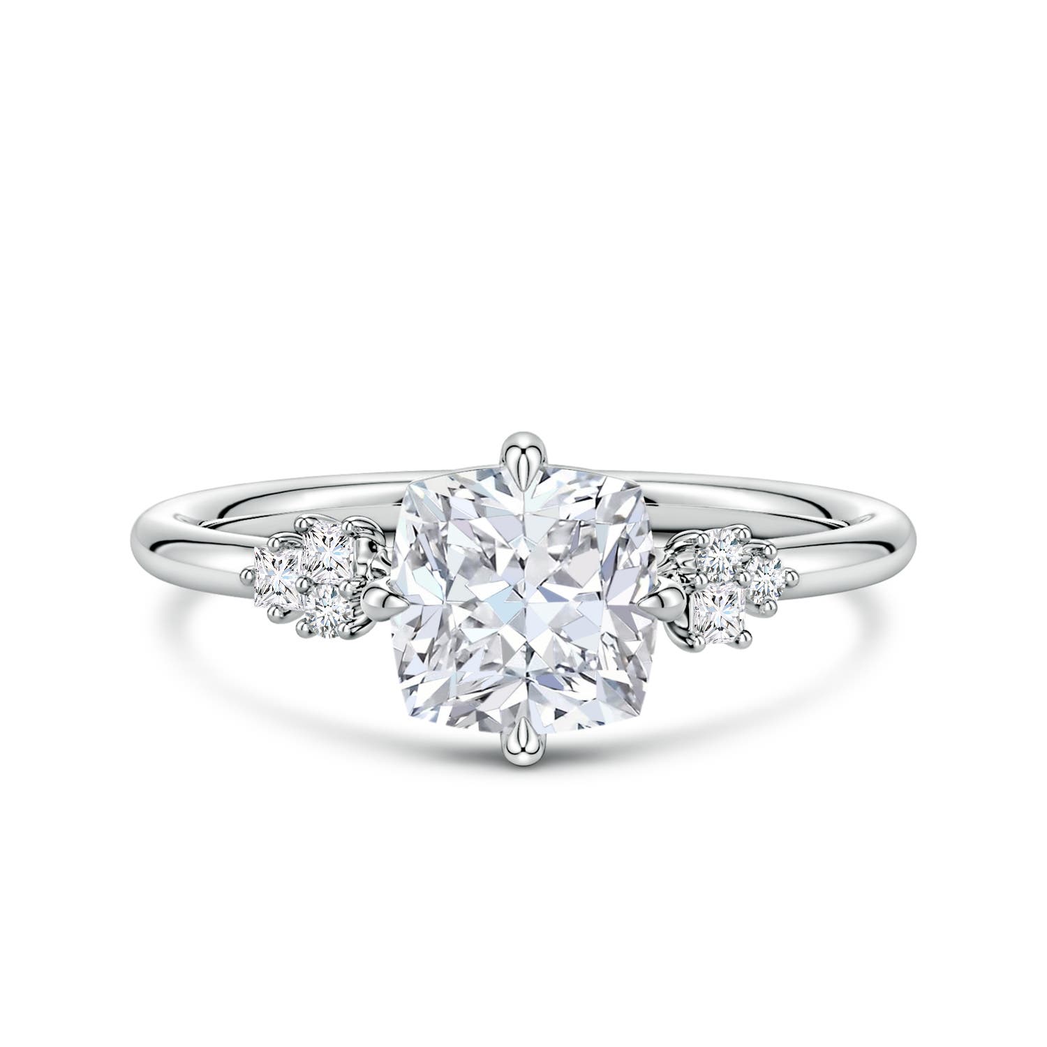 6.5mm FGVS Cushion Lab-Grown Diamond Engagement Ring with Multi-Shape Accents in 18K White Gold