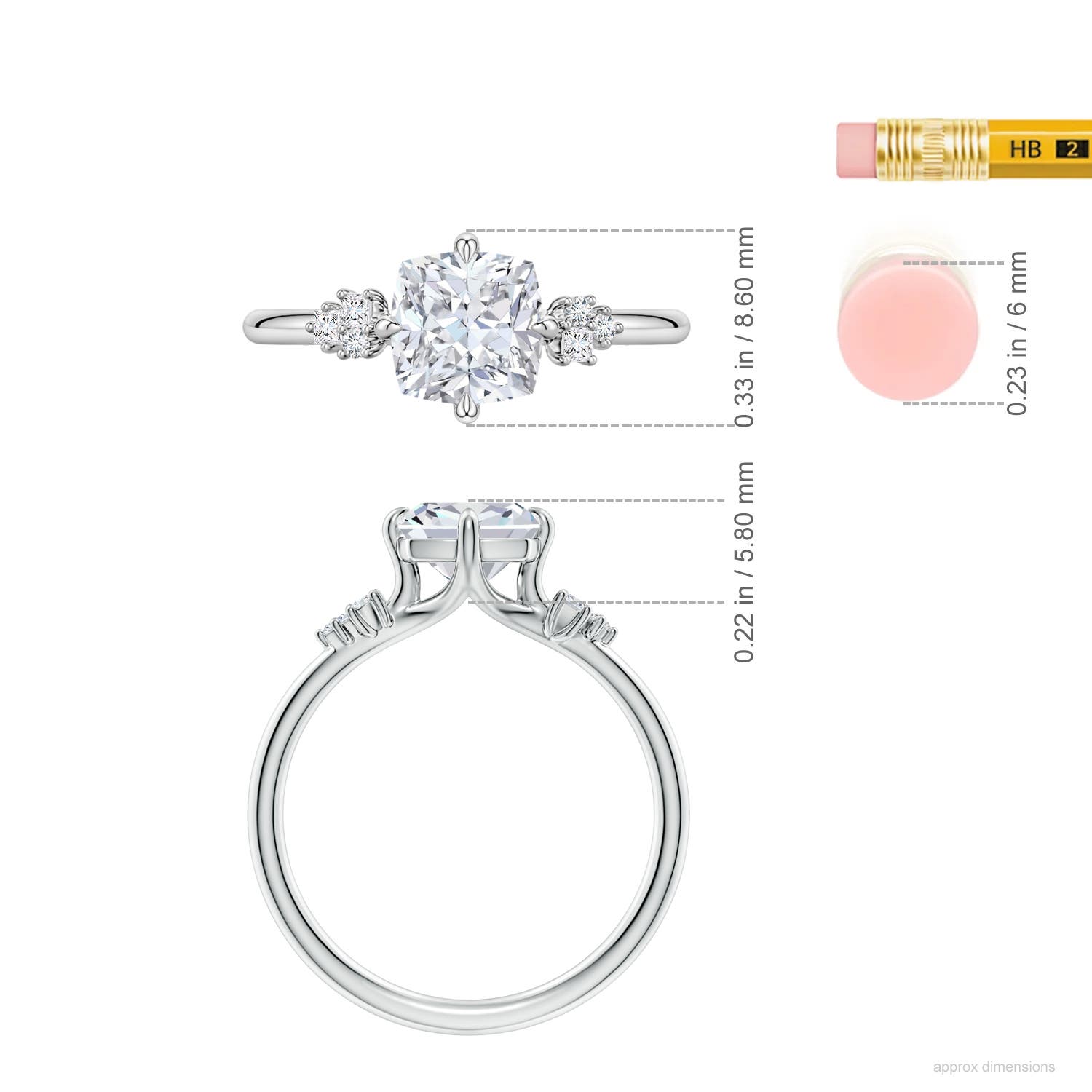 6.5mm FGVS Cushion Lab-Grown Diamond Engagement Ring with Multi-Shape Accents in White Gold - ruler