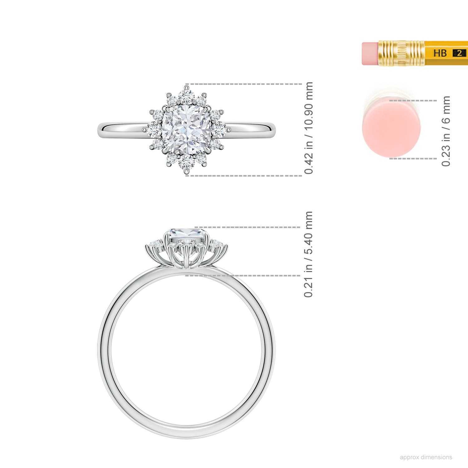 5.25mm FGVS Cushion Lab-Grown Diamond Ornate Halo Engagement Ring in White Gold - ruler