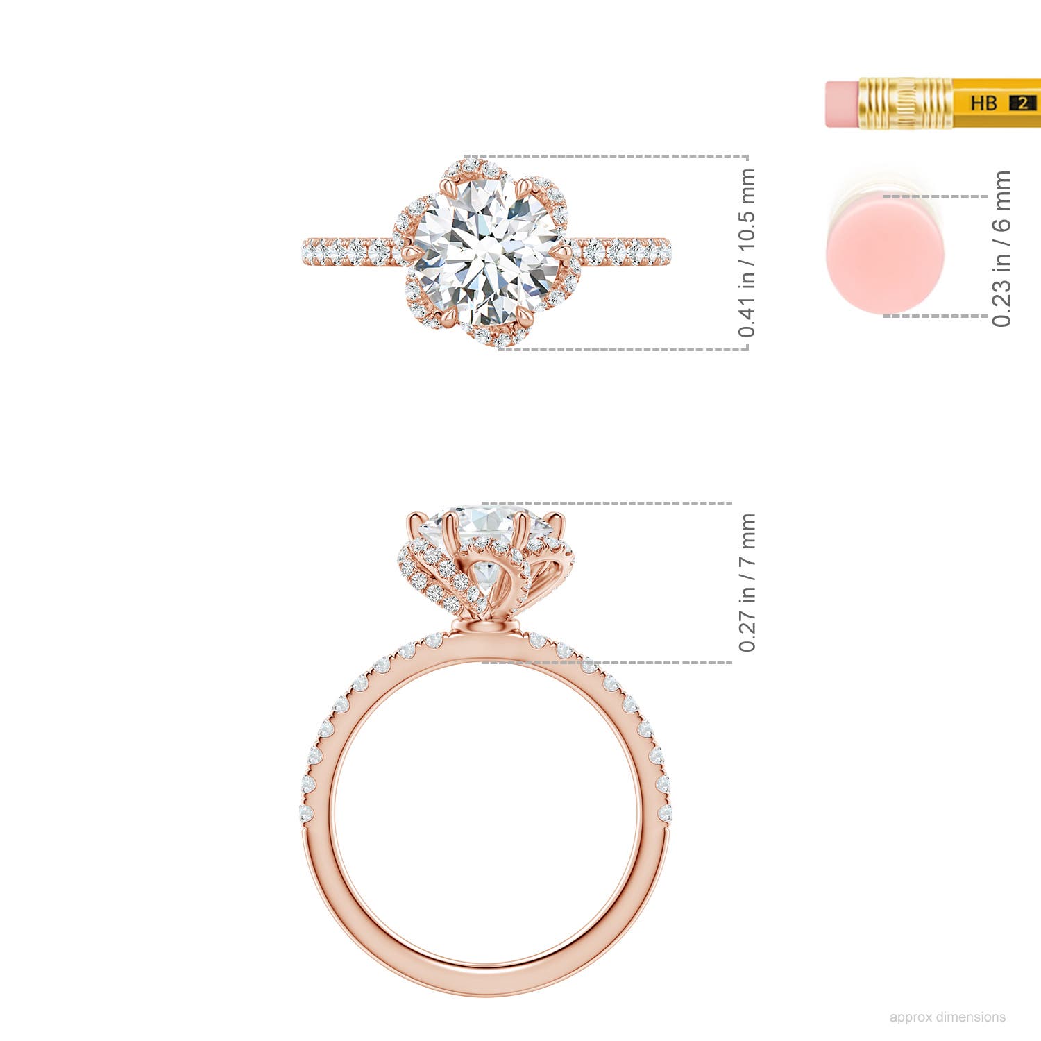 7.75mm FGVS Six-Claw Prong Round Lab-Grown Diamond Floral Basket Engagement Ring in Rose Gold - ruler