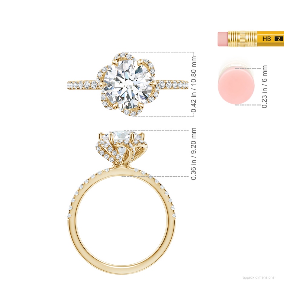 7.75mm FGVS Six-Claw Prong Round Lab-Grown Diamond Floral Basket Engagement Ring in Yellow Gold ruler