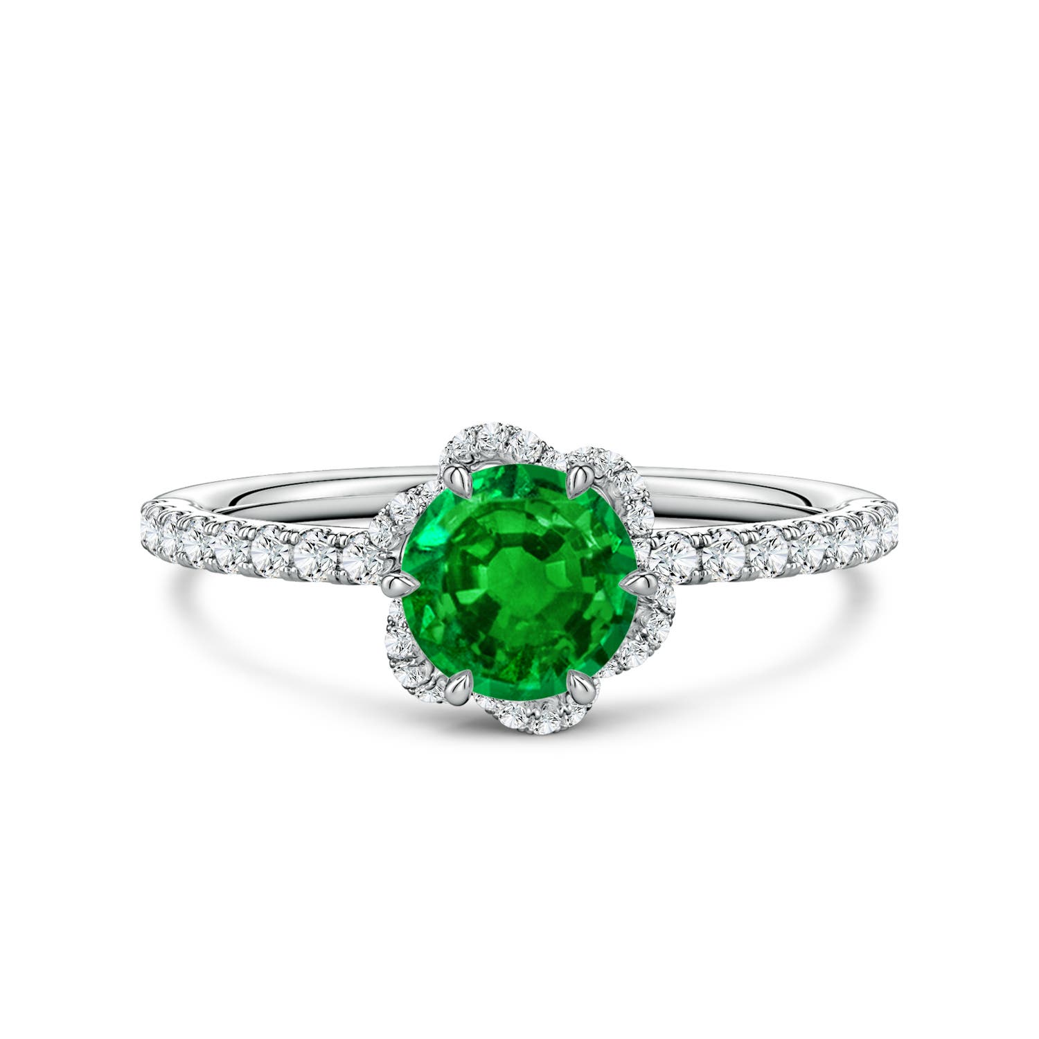 6mm Labgrown Six-Claw Prong Round Lab-Grown Emerald Floral Basket Engagement Ring in White Gold