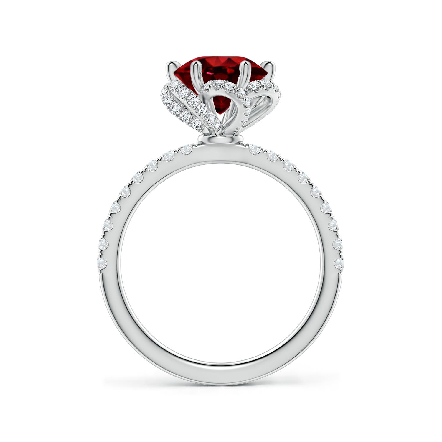8mm Labgrown Six-Claw Prong Round Lab-Grown Ruby Floral Basket Engagement Ring in White Gold - side 3