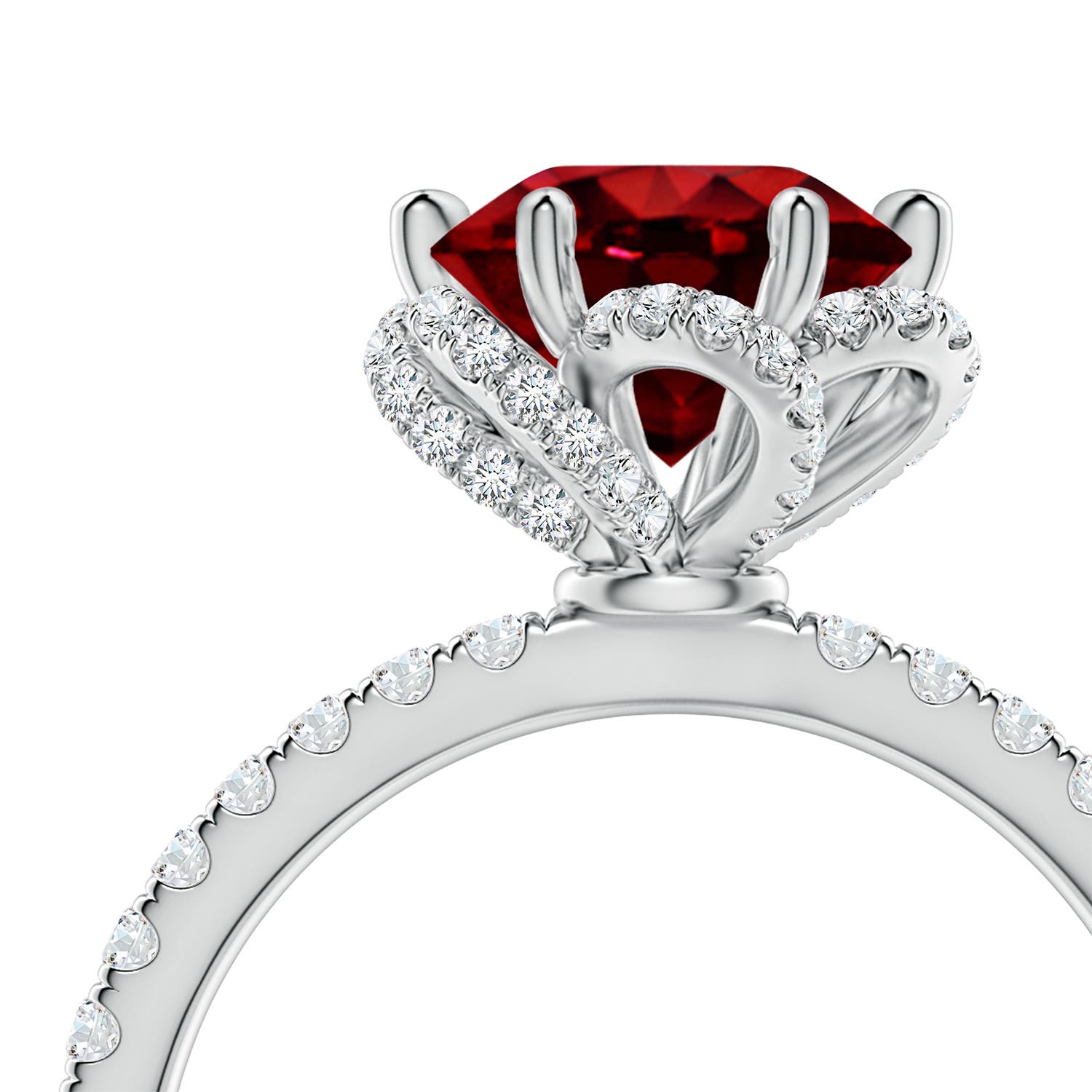 8mm Labgrown Six-Claw Prong Round Lab-Grown Ruby Floral Basket Engagement Ring in White Gold - side 5