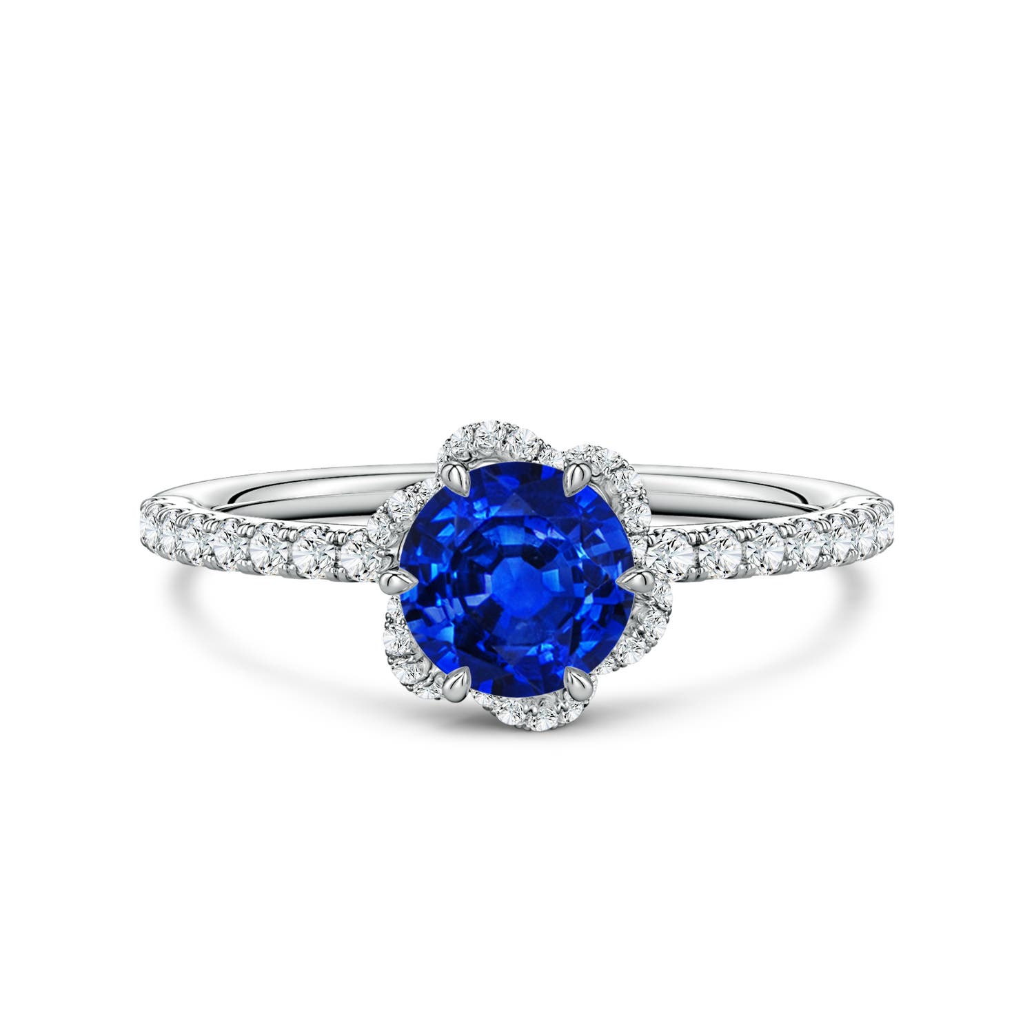 6mm Labgrown Six-Claw Prong Round Lab-Grown Blue Sapphire Floral Basket Engagement Ring in White Gold