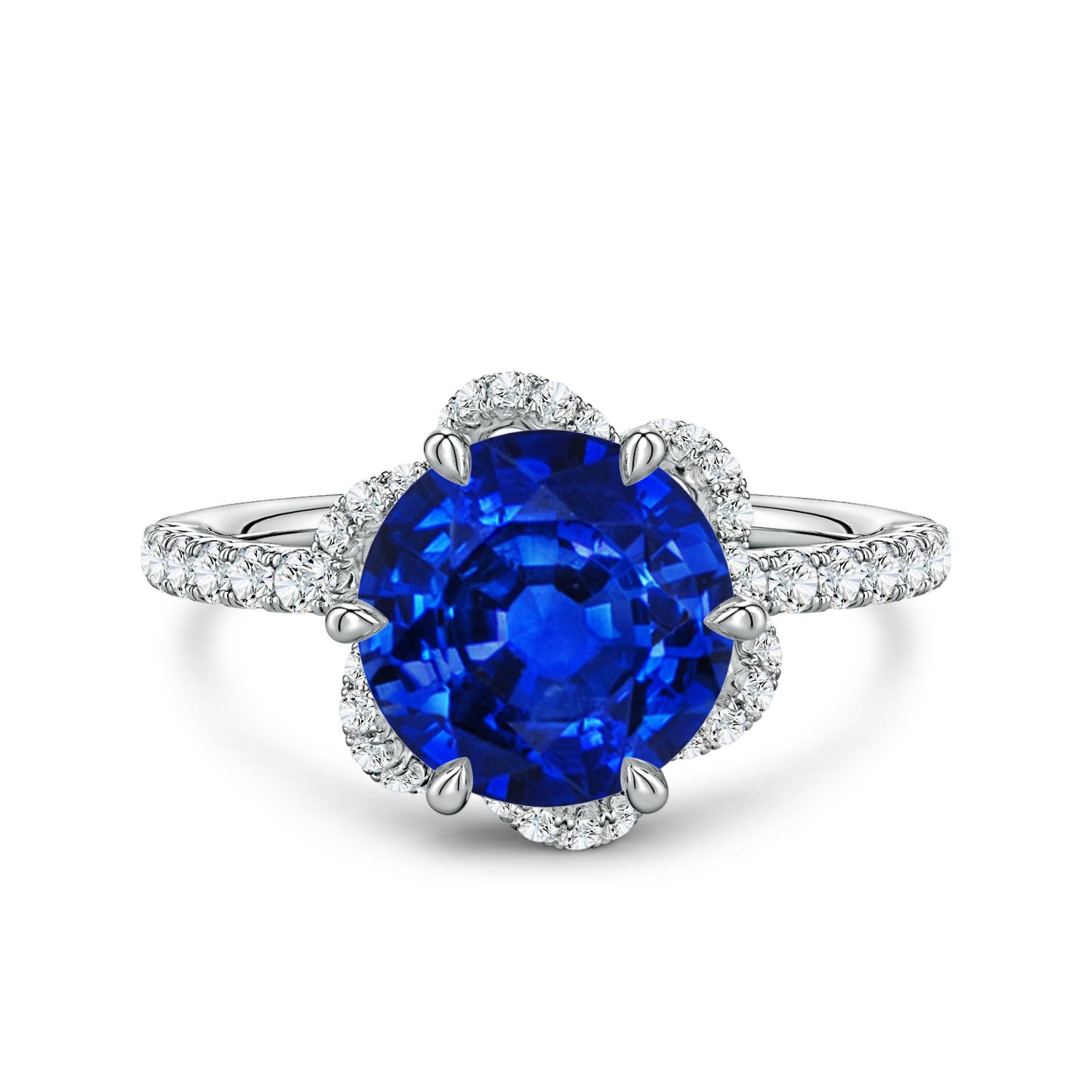9mm Labgrown Six-Claw Prong Round Lab-Grown Blue Sapphire Floral Basket Engagement Ring in White Gold