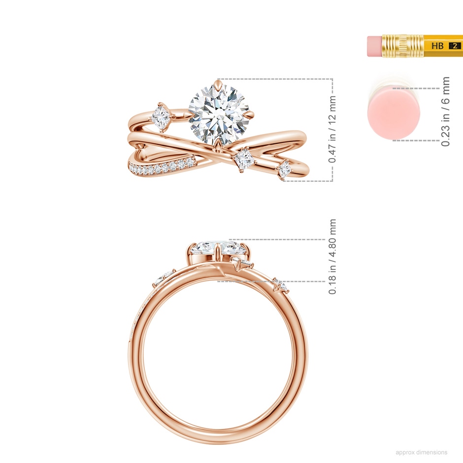 6.4mm FGVS Round Lab-Grown Diamond Crossover Engagement Ring with Scattered Accents in Rose Gold ruler