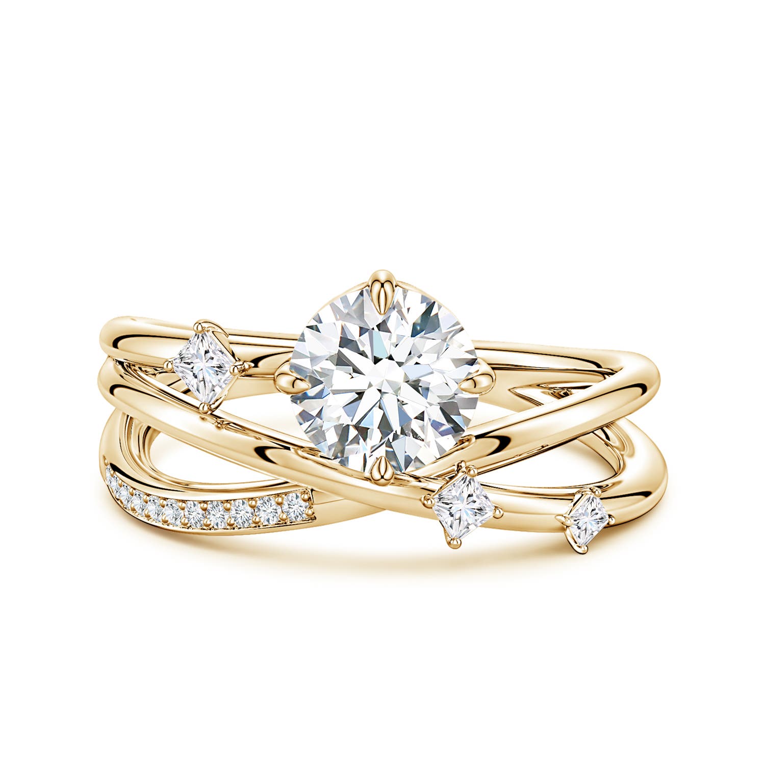 6.4mm FGVS Round Lab-Grown Diamond Crossover Engagement Ring with Scattered Accents in Yellow Gold