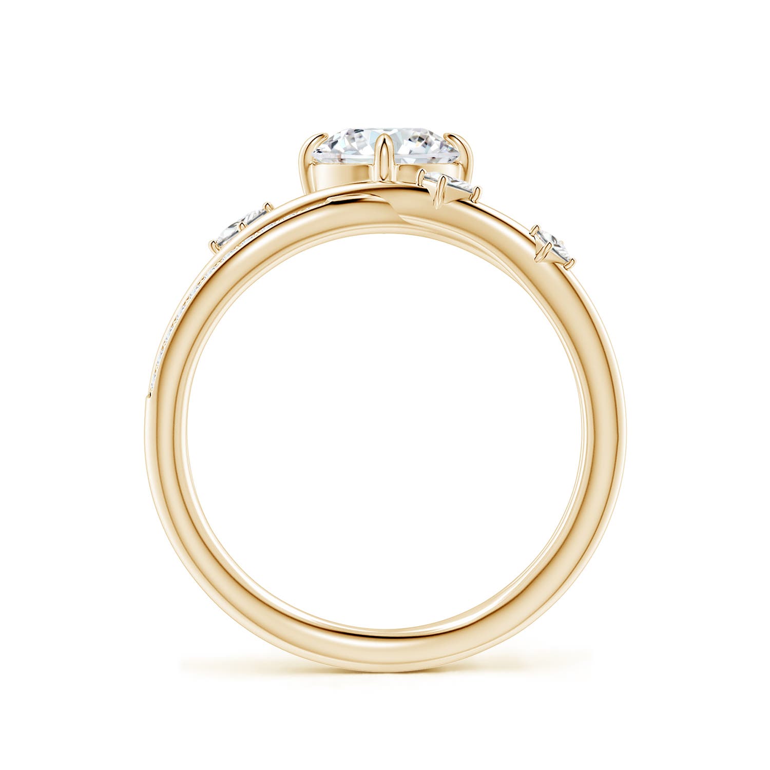6.4mm FGVS Round Lab-Grown Diamond Crossover Engagement Ring with Scattered Accents in Yellow Gold - side 3