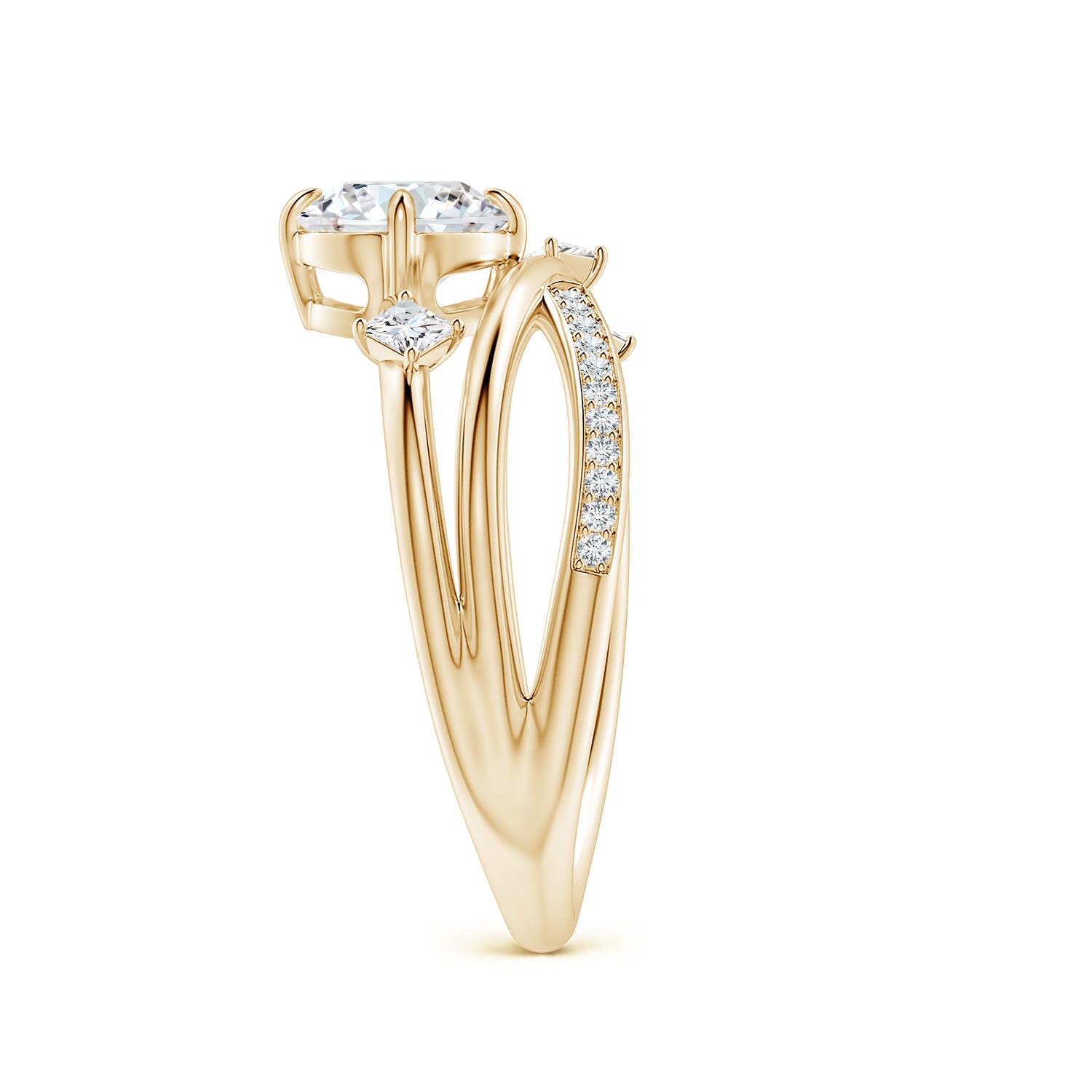 6.4mm FGVS Round Lab-Grown Diamond Crossover Engagement Ring with Scattered Accents in Yellow Gold - side 4