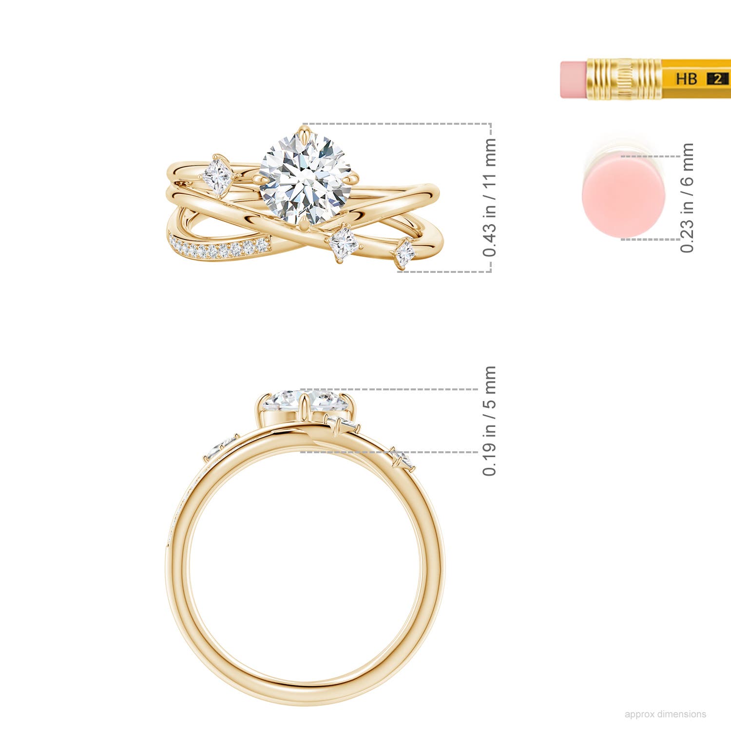 6.4mm FGVS Round Lab-Grown Diamond Crossover Engagement Ring with Scattered Accents in Yellow Gold - ruler