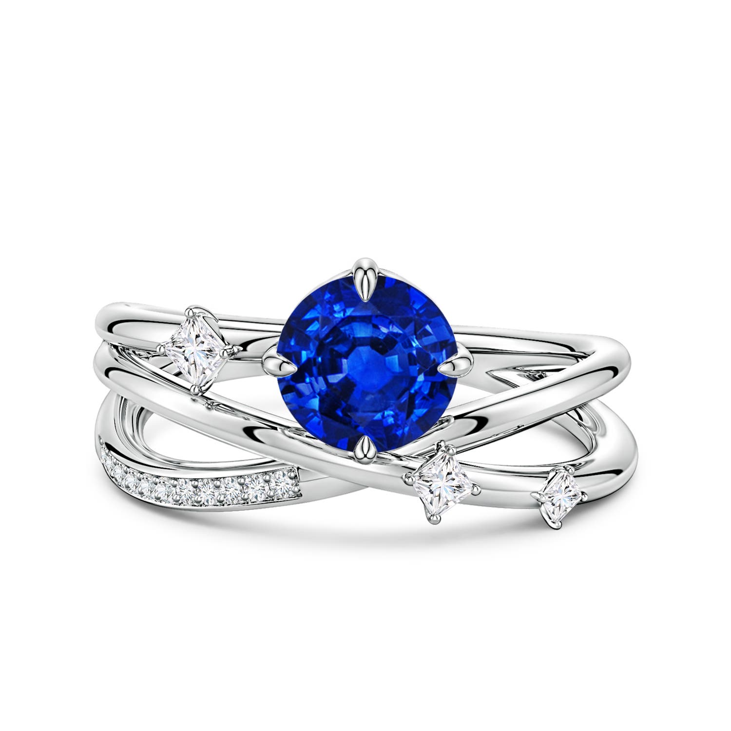 6.5mm Labgrown Round Lab-Grown Blue Sapphire Crossover Engagement Ring with Scattered Accents in White Gold