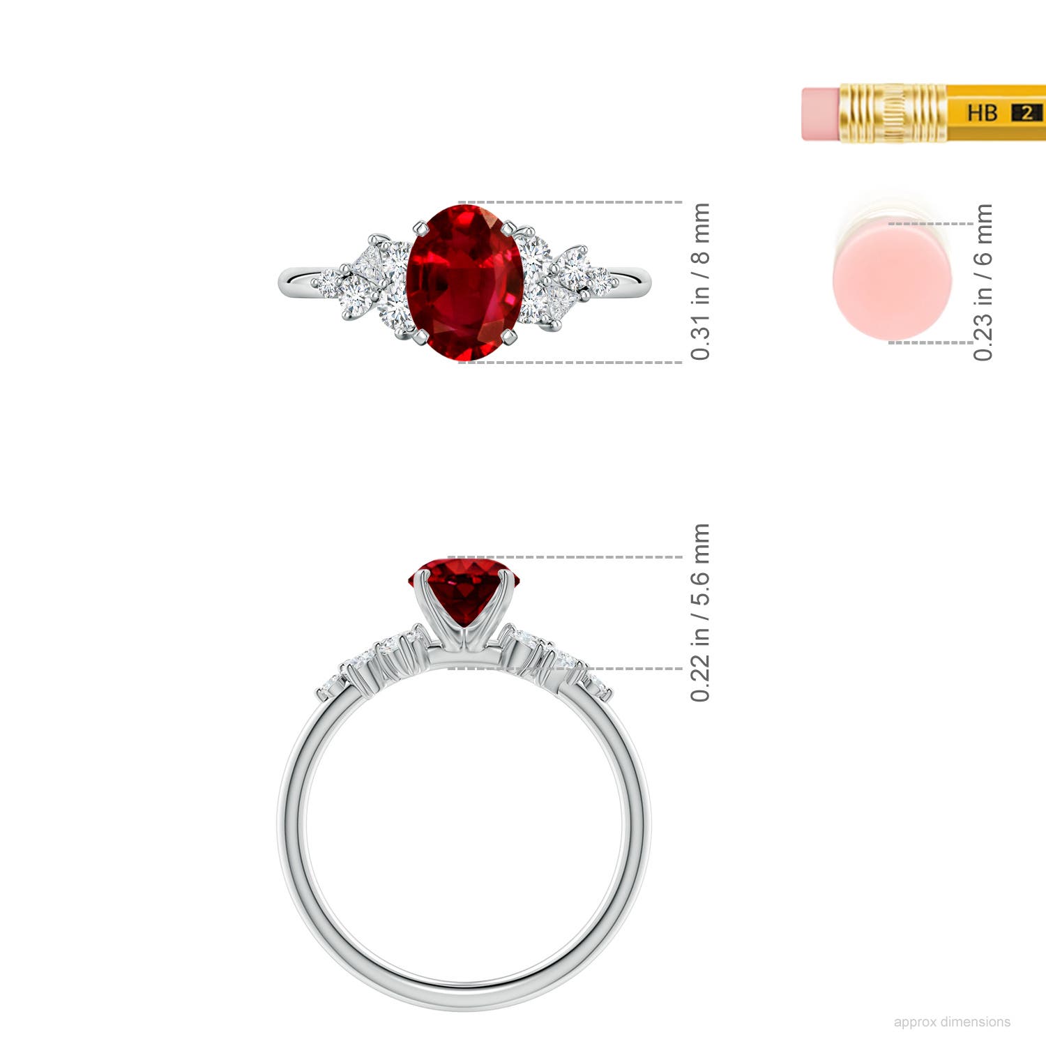 8x6mm Labgrown Lab-Grown Oval Ruby Engagement Ring with Multi-Shape Diamonds in White Gold - ruler