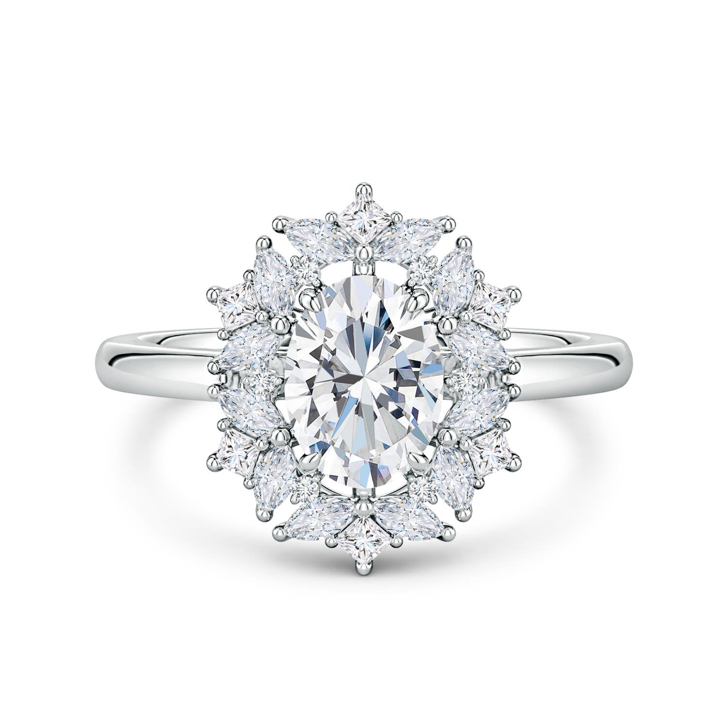 7.7x5.7mm FGVS Oval Lab-Grown Diamond Multi-Shape Ornate Halo Engagement Ring in 18K White Gold