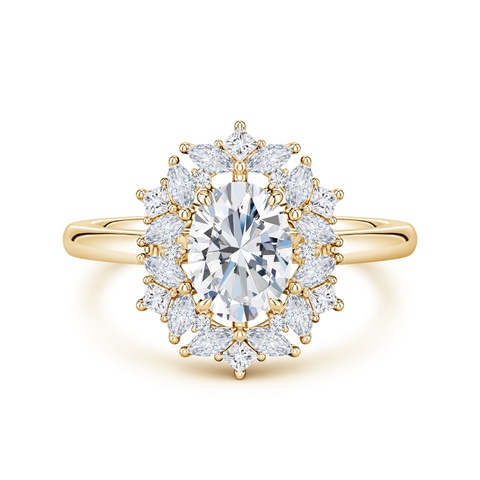 7.7x5.7mm FGVS Oval Lab-Grown Diamond Multi-Shape Ornate Halo Engagement Ring in 18K Yellow Gold