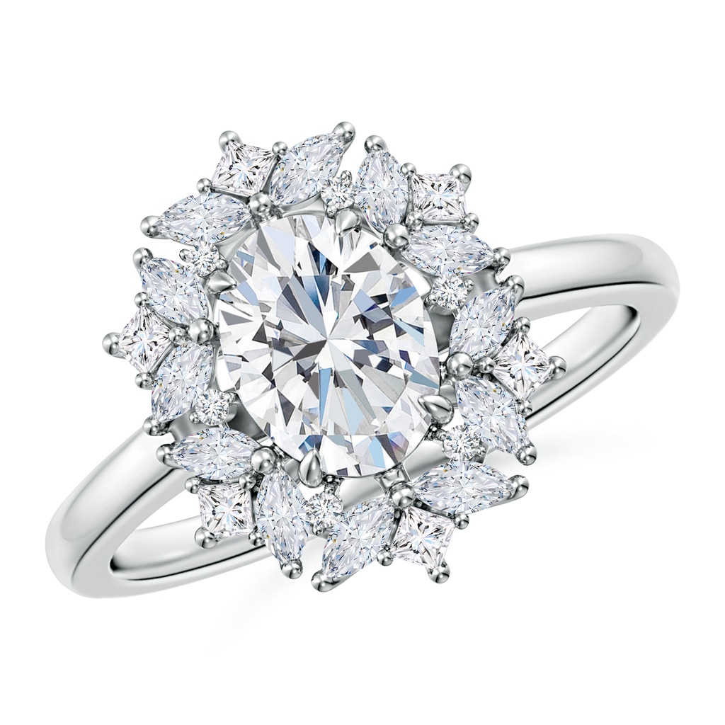 7.7x5.7mm FGVS Oval Lab-Grown Diamond Multi-Shape Ornate Halo Engagement Ring in White Gold