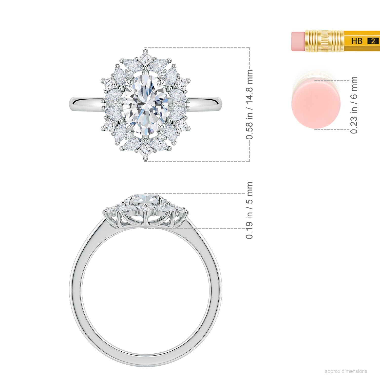 7.7x5.7mm FGVS Oval Lab-Grown Diamond Multi-Shape Ornate Halo Engagement Ring in White Gold - ruler