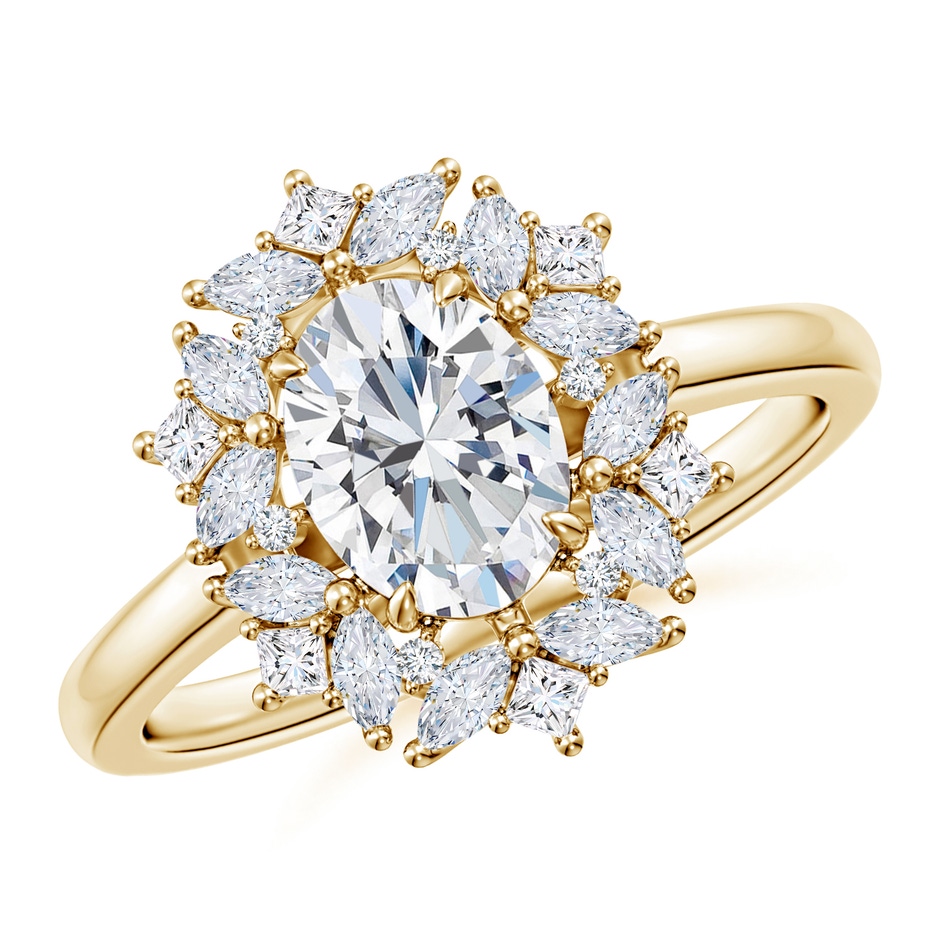 7.7x5.7mm FGVS Oval Lab-Grown Diamond Multi-Shape Ornate Halo Engagement Ring in Yellow Gold 