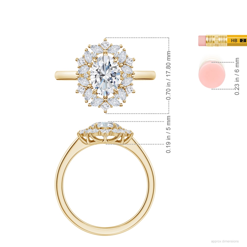 7.7x5.7mm FGVS Oval Lab-Grown Diamond Multi-Shape Ornate Halo Engagement Ring in Yellow Gold ruler