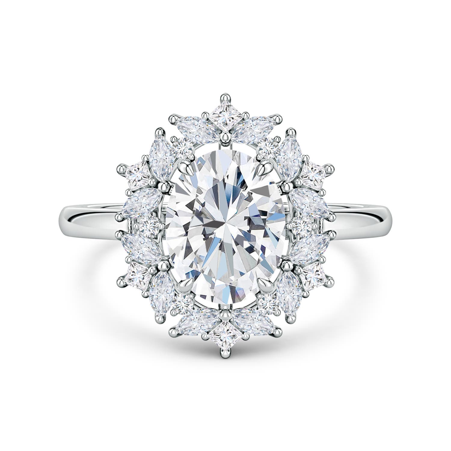 9x7mm FGVS Oval Lab-Grown Diamond Multi-Shape Ornate Halo Engagement Ring in White Gold
