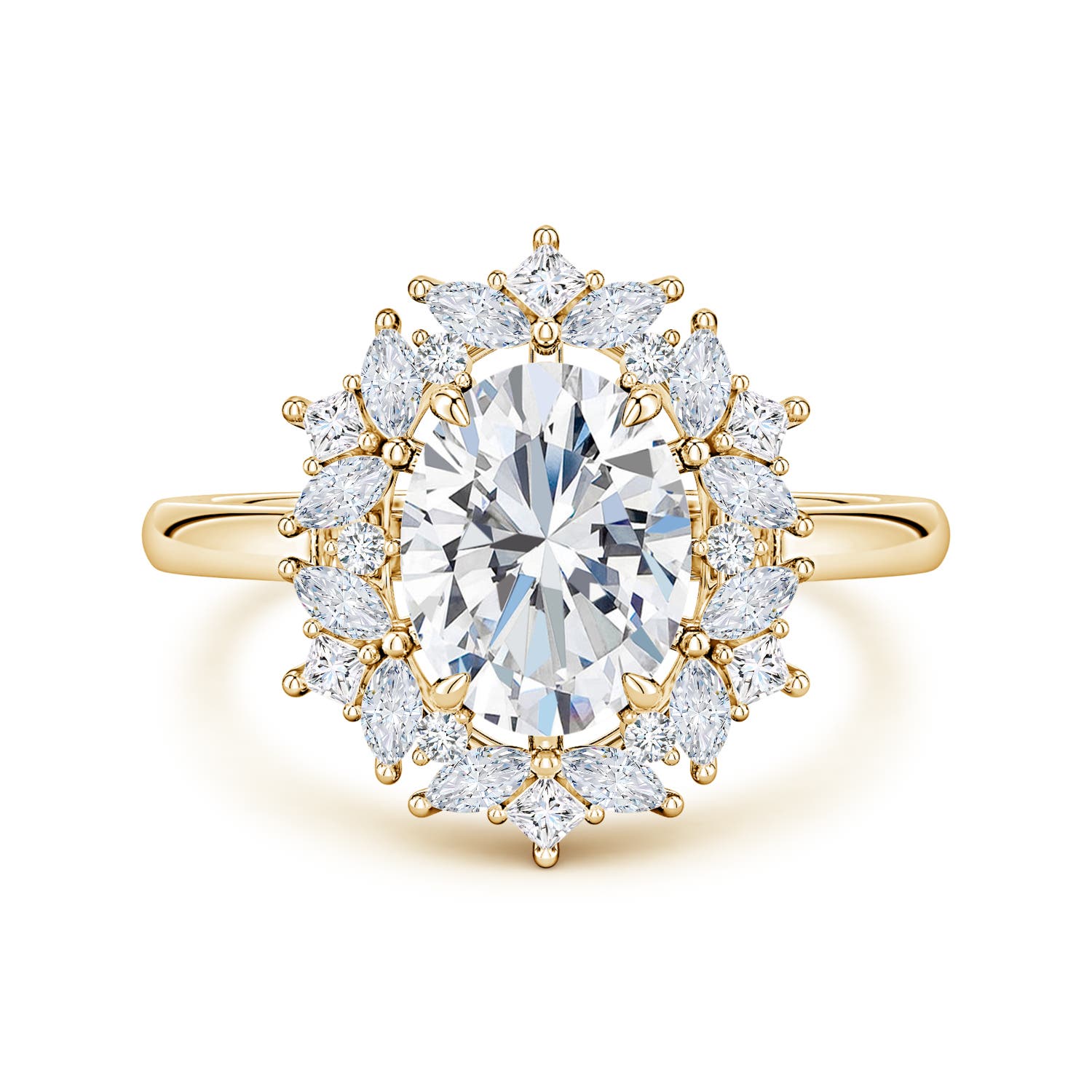 9x7mm FGVS Oval Lab-Grown Diamond Multi-Shape Ornate Halo Engagement Ring in Yellow Gold