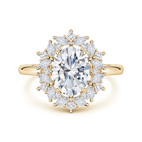 9x7mm FGVS Oval Lab-Grown Diamond Multi-Shape Ornate Halo Engagement Ring in Yellow Gold