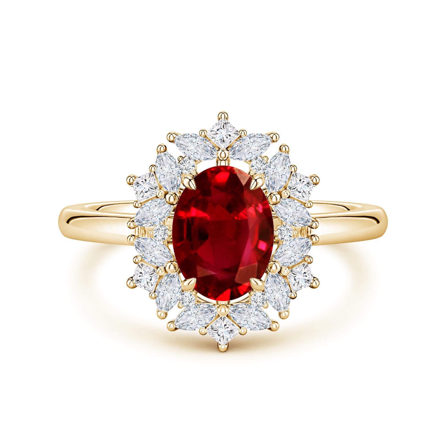 8x6mm Labgrown Oval Lab-Grown Ruby Multi-Shape Ornate Halo Engagement Ring in 18K Yellow Gold