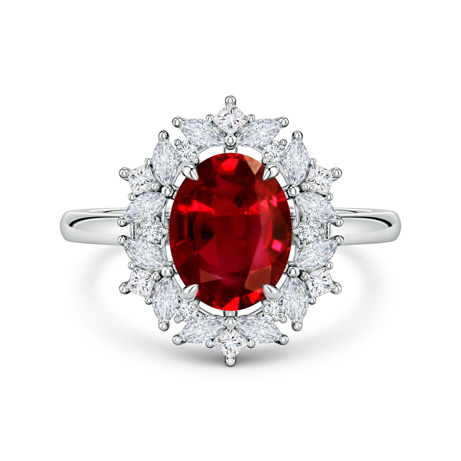 9x7mm Labgrown Oval Lab-Grown Ruby Multi-Shape Ornate Halo Engagement Ring in White Gold