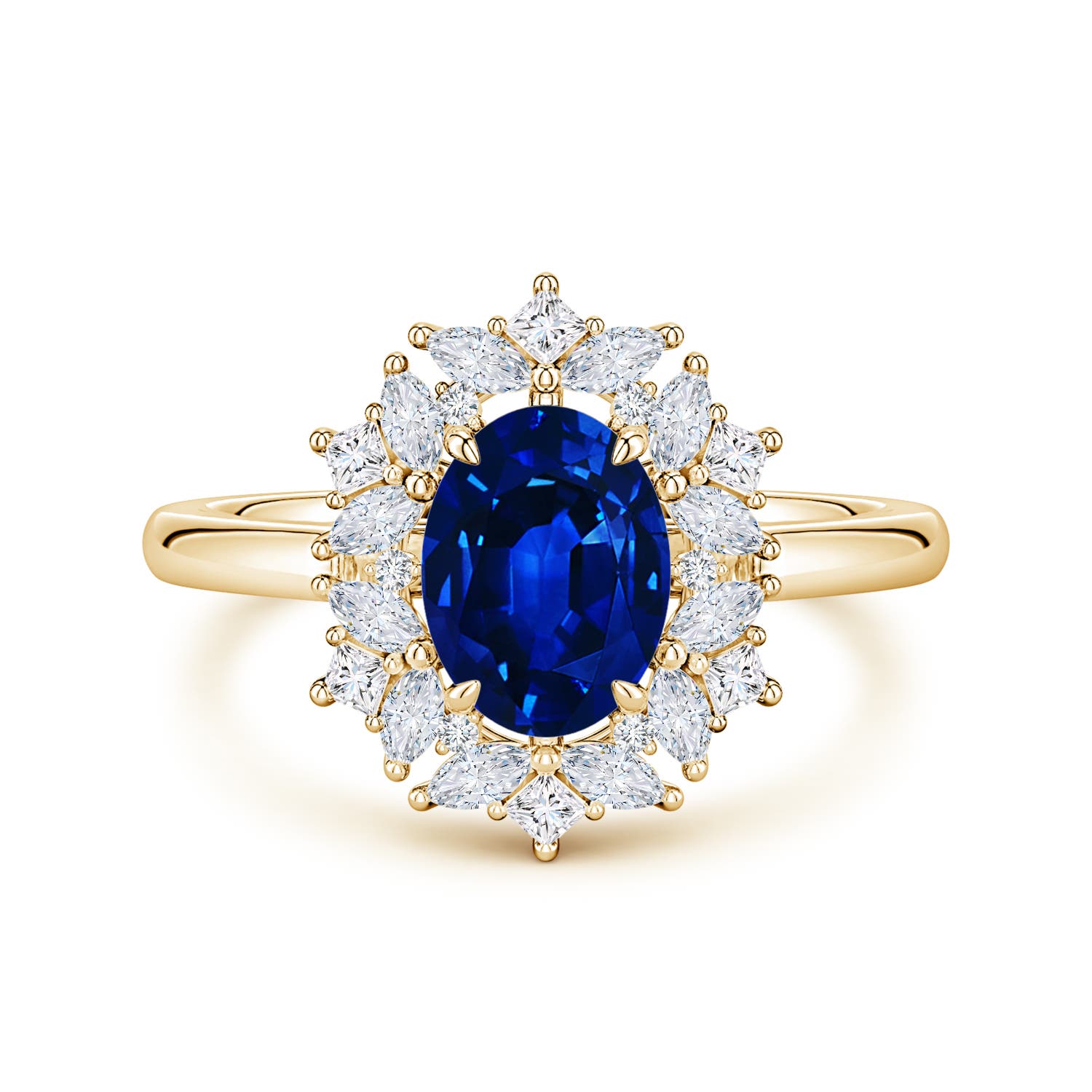 8x6mm Labgrown Oval Lab-Grown Blue Sapphire Multi-Shape Ornate Halo Engagement Ring in Yellow Gold