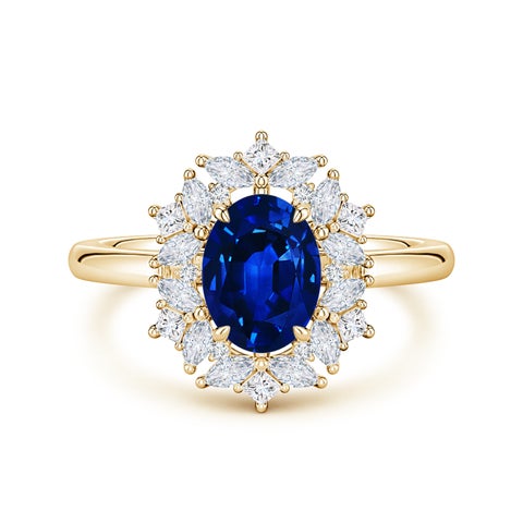 8x6mm Labgrown Oval Lab-Grown Blue Sapphire Multi-Shape Ornate Halo Engagement Ring in Yellow Gold