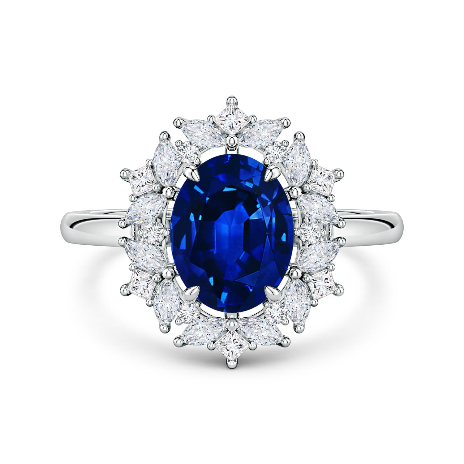 9x7mm Labgrown Oval Lab-Grown Blue Sapphire Multi-Shape Ornate Halo Engagement Ring in White Gold