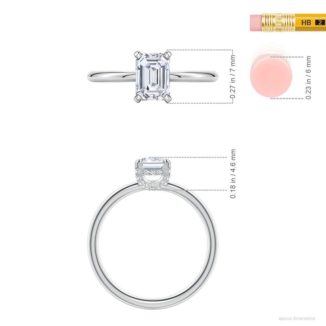 7x5mm FGVS Emerald-Cut Lab-Grown Diamond Engagement Ring with Hidden Halo in White Gold - ruler