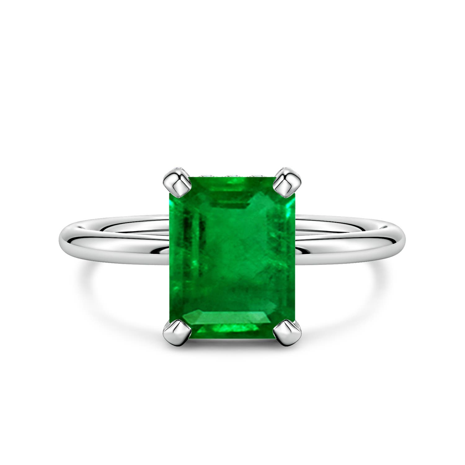 9x7mm Labgrown Emerald-Cut Lab-Grown Emerald Engagement Ring with Hidden Halo in White Gold