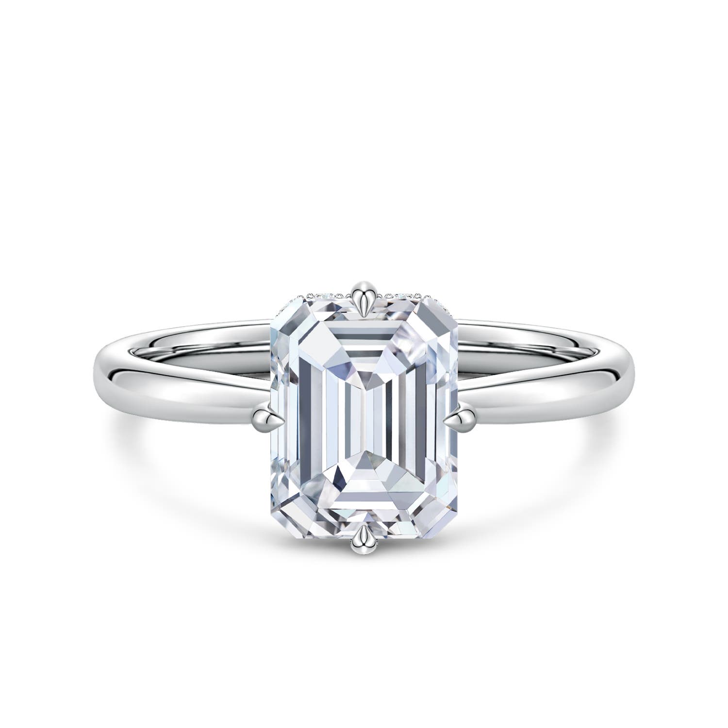 8.5x6.5mm FGVS Solitaire Emerald-Cut Lab-Grown Diamond Engagement Ring with Hidden Halo in 18K White Gold