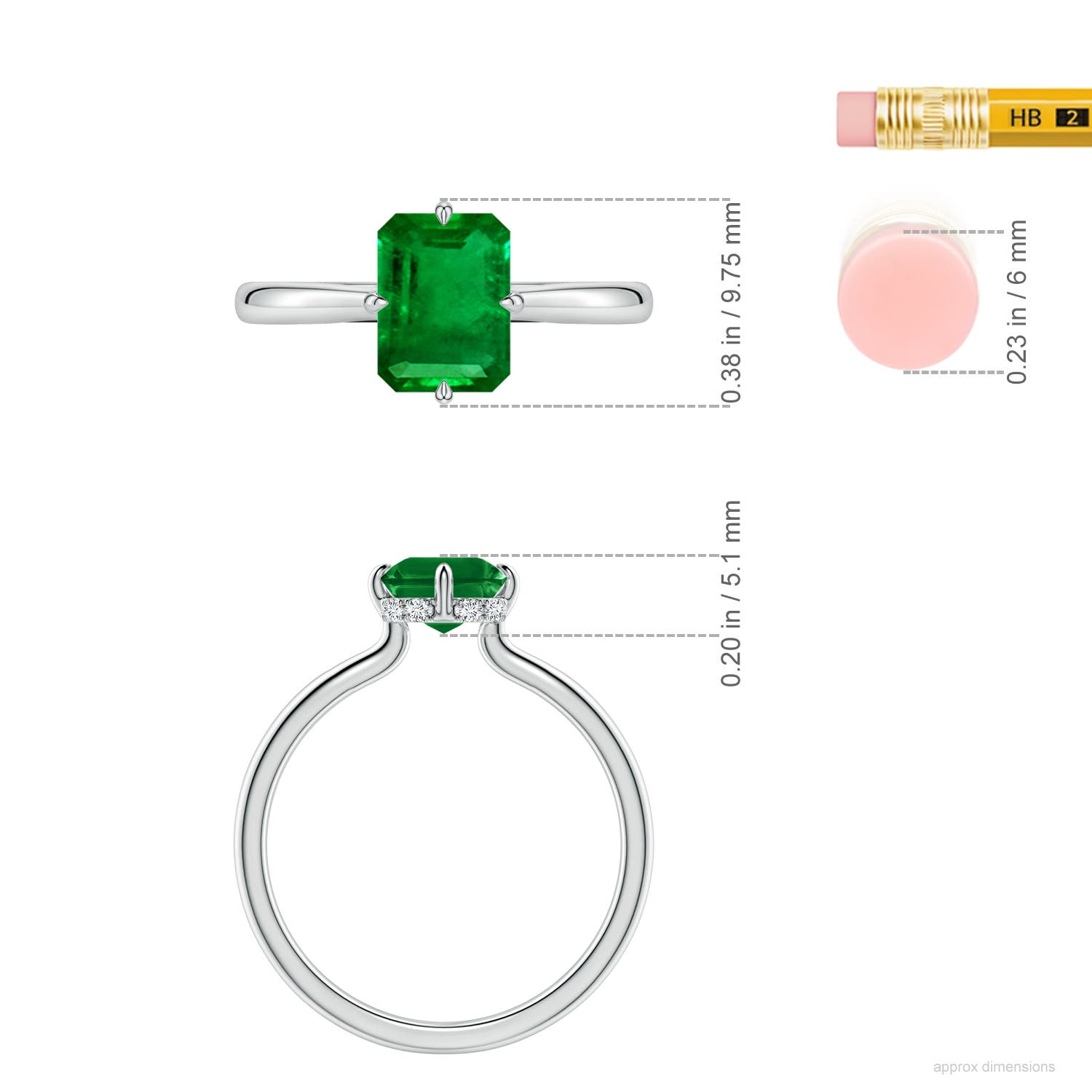 8x6mm Labgrown Solitaire Emerald-Cut Lab-Grown Emerald Engagement Ring with Hidden Halo in White Gold - ruler