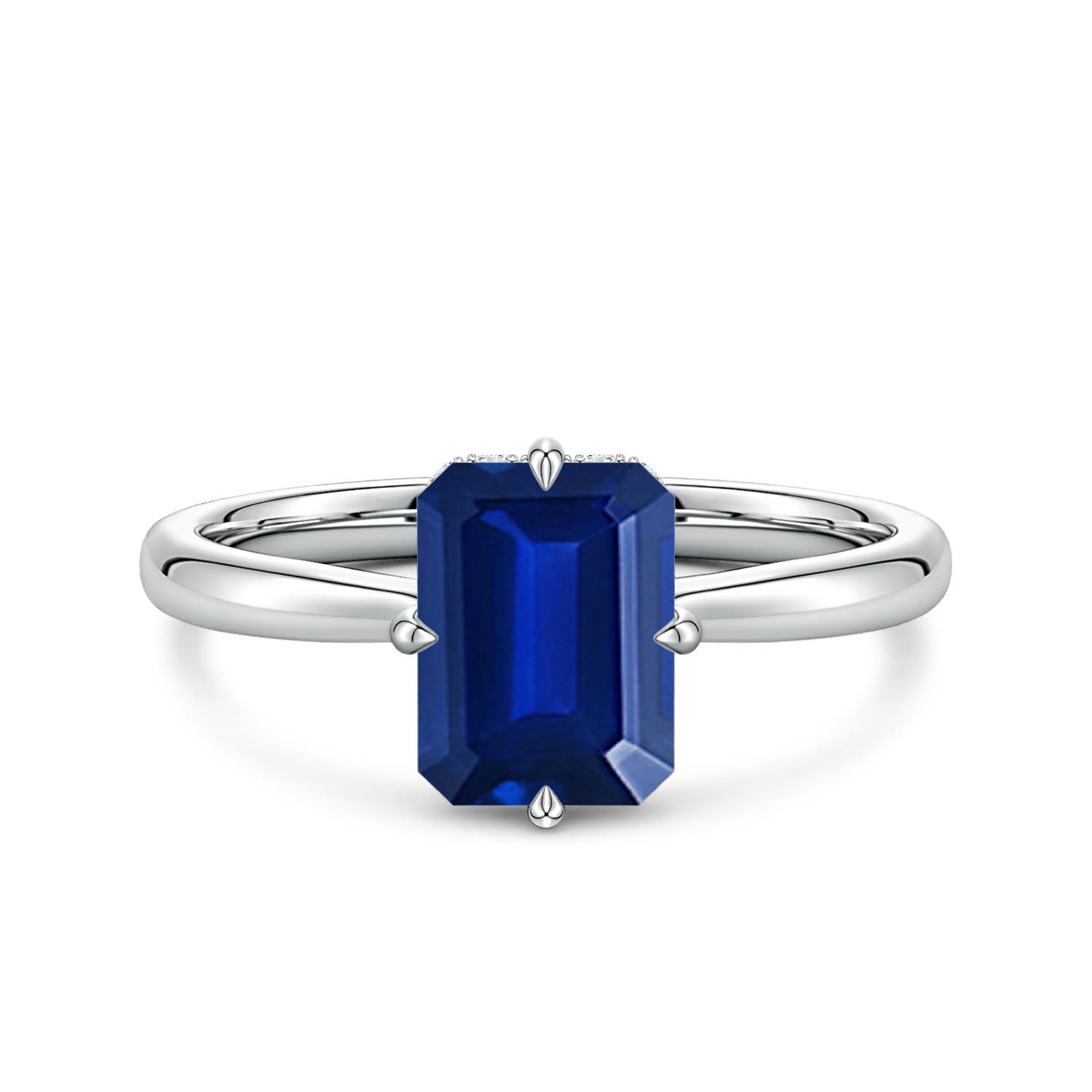 8x6mm Labgrown Solitaire Emerald-Cut Lab-Grown Blue Sapphire Engagement Ring with Hidden Halo in White Gold